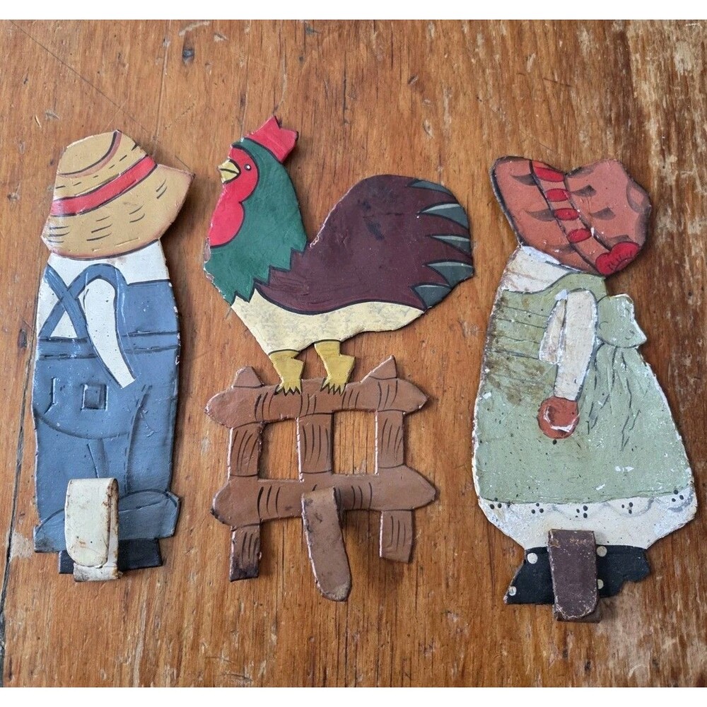 Vintage Tin Metal Litho Flat Farmhouse Rooster Girl Hook Hand Painted Folk Art